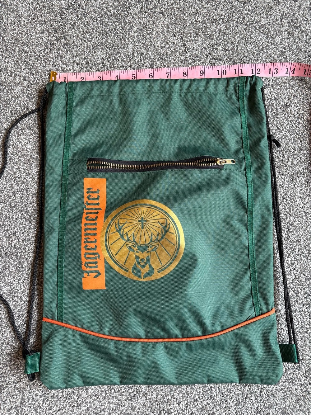 Yagermeister Drawstring Backpack Cinch Bag Green w Zipper Pocket in Front - Picture 4 of 7